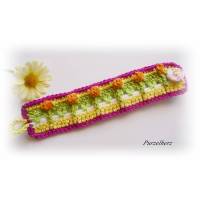 Gehäkeltes romantisches Armband mit Blüten aus Baumwolle - fuchsia, gelb, weiß, orange, grün Bild 1