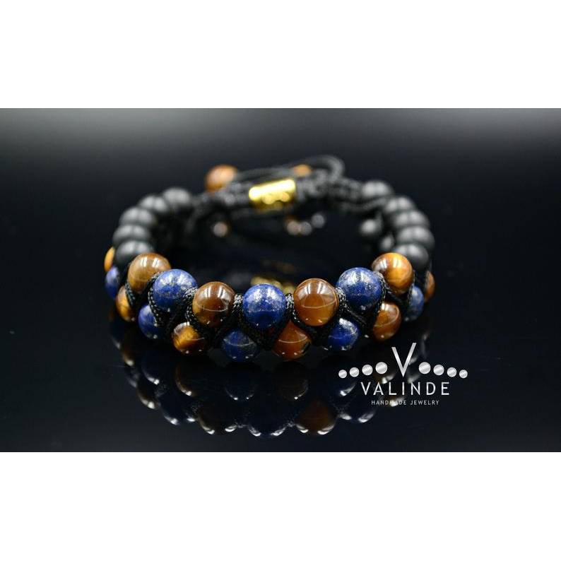 Herren Edelstein Doppel-Armband aus Tigerauge Onyx und Lapis Lazuli mit Knotenverschluss, Makramee Armband, Geschenk für Mann, 8 mm Bild 1