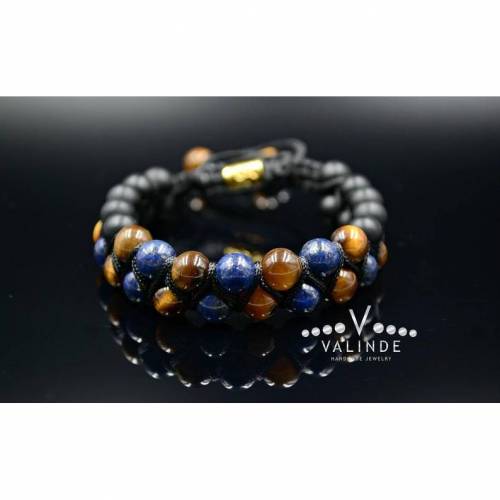 Herren Edelstein Doppel-Armband aus Tigerauge Onyx und Lapis Lazuli mit Knotenverschluss, Makramee Armband, Geschenk für Mann, 8 mm
