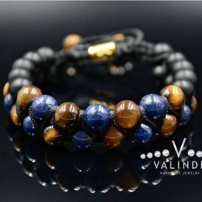 Geschenkidee Für Ihn: Herren Edelstein Doppel-Armband aus Tigerauge Onyx und Lapis Lazuli mit Knotenverschluss, Makramee Armband, Geschenk für Mann, 8 mm