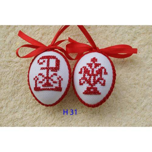 Osterdeko, Kreuzstich Osterei,  religiöses Motiv  Handgestickt, rot-weiß 6cm
