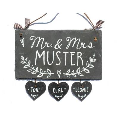 Hochzeitsgeschenk Türschild Mr. & Mrs Schiefer Typo mit Herzanhänger individuell personalisiert mit Name