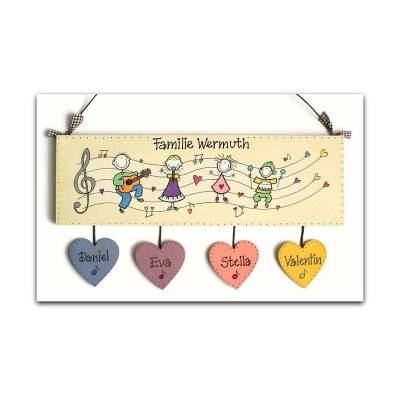 Türschild Familie personalisiert Holzschild Musikanten Namensschild mit Herzanhänger handbemalt