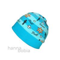 Mütze, Bündchenmütze, Kopfumfang 44 - 46 cm, Fußballmotive auf türkis Bild 1