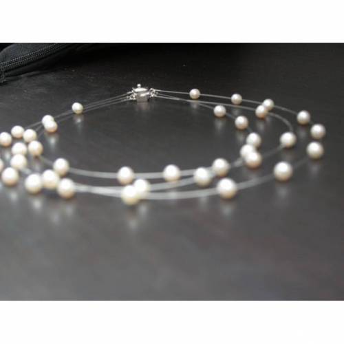 Zartes Braut-Schmuckset 3-teilig, echte schwebende Perlen, 3-reihige Kette, Armband, Ohrstecker Sterling Silber 925