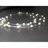 Zartes Braut-Schmuckset 3-teilig, echte schwebende Perlen, 3-reihige Kette, Armband, Ohrstecker Sterling Silber 925 Bild 1