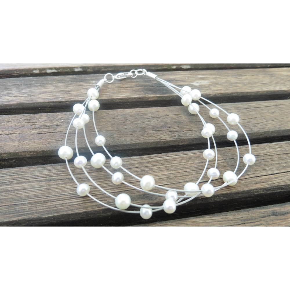 Perlenarmband filigran minimalistisch runde Perlen auf Draht, echte Perlen Armband Hochzeitsschmuck Sterling Silber Bild 1