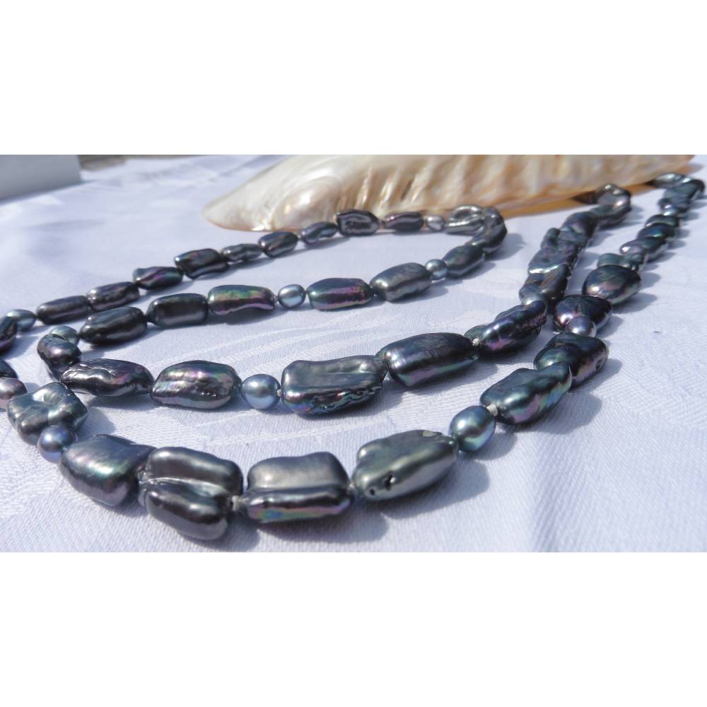 Lange Perlenkette Sautoir echte Keshi Perlen schwarz grau Bild 1