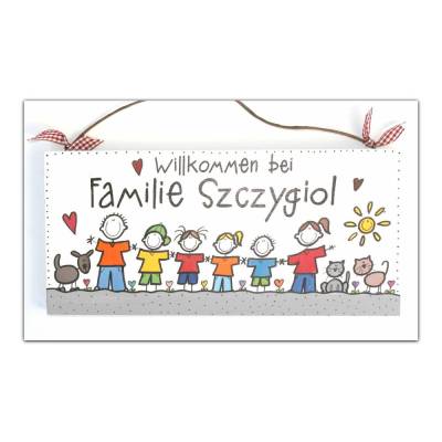 Willkommensschild aus Holz für Familien mit Name und Figuren personalisiert. Familiengeschenk Türschild, Holzschild
