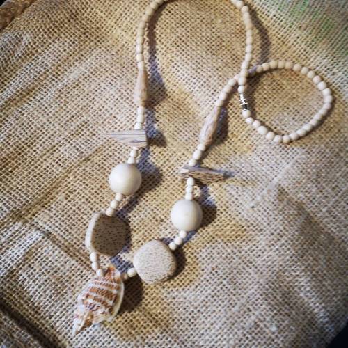 Halskette mit Muschel in Holz-Optik, Vintage-Stil, Hippi, Nostalgie (HK4)