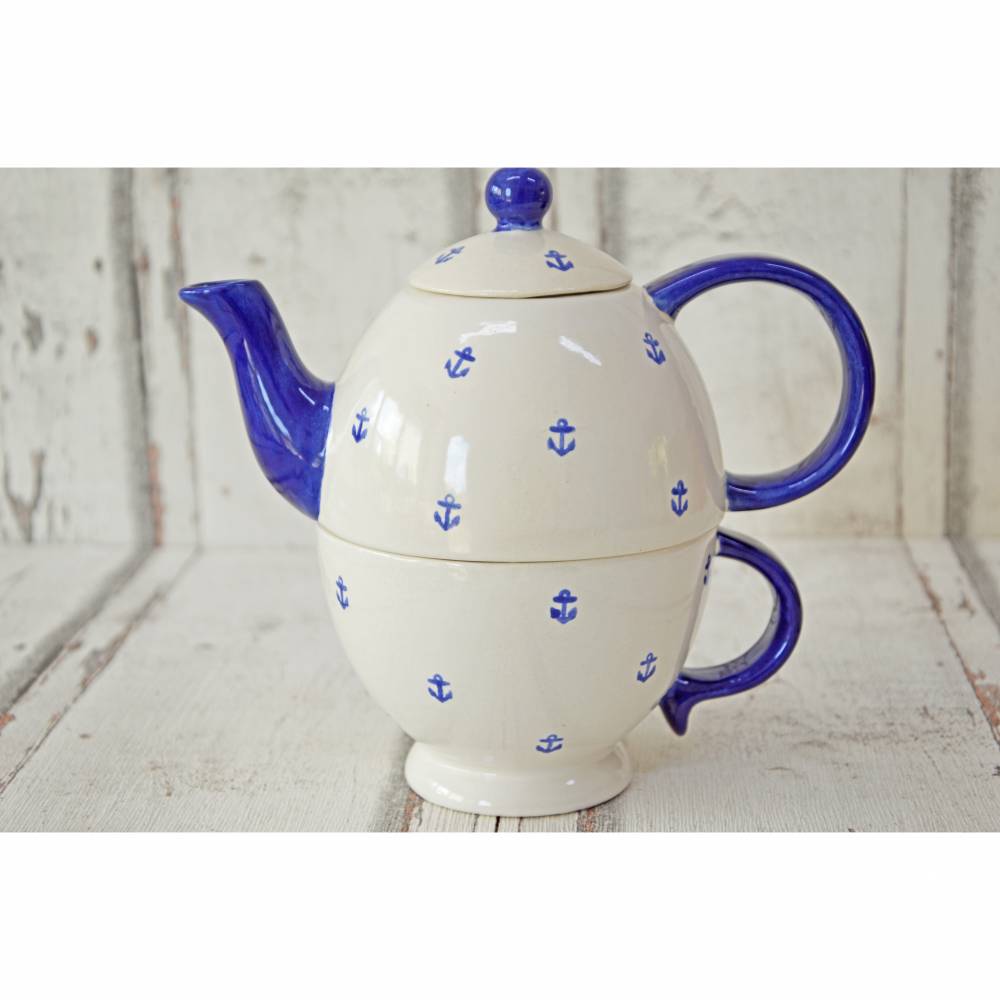 Tea for one Set, Kännchen mit Tasse, Keramik handbemalt, Anker maritim Bild 1