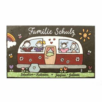 Namensschild für Familien mit Name personalisiert, Türschild aus Schiefer mit Wohnwagen, Schieferschild für die Haustür
