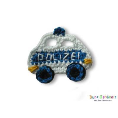 Polizeiauto, Häkelapplikation, Polizei, Aufnäher, Applikation, Häkelauto, Jungenapplikation, gehäkelt, gehäkeltes Polizeiauto