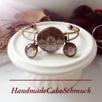 Cabochon Schmuckset Armreif/Armband 25mm, Ohrhänger 12mm Bronze Blumen weiß Holzoptik Bild 1