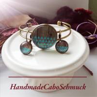 Cabochon Schmuckset Armreif/Armband 25mm, Ohrhänger 12mm Bronze Dreicke Geometrisch blau Holzoptik Bild 1
