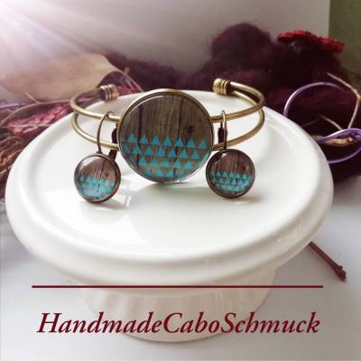 Cabochon Schmuckset Armreif/Armband 25mm, Ohrhänger 12mm Bronze Dreicke Geometrisch blau Holzoptik