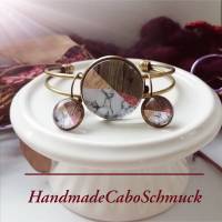 Cabochon Schmuckset Armreif/Armband 25mm und Ohrhänger 12mm Bronze Geometrisch bunt braun Materialmix Optik Bild 1