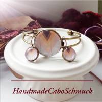 Cabochon Schmuckset Armreif/Armband 25mm und Ohrhänger 12mm Bronze Pastelltöne Geometrisch Holzoptik Bild 1