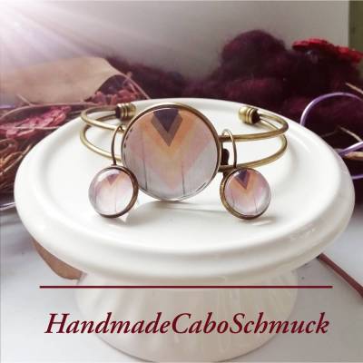 Cabochon Schmuckset Armreif/Armband 25mm und Ohrhänger 12mm Bronze Pastelltöne Geometrisch Holzoptik