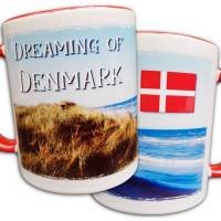 Dänemark Tasse Dreaming of Denmark, Urlaub in Dänemark Geschenk, Dänische Flagge, Panorama-Bild, Dünen, Strand, Meer, Kaffeebecher Bild 1