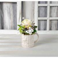 Tischdeko, dekorierte Tasse mit Rose, creme, Landhaus Stil Bild 1