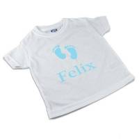 T-Shirt, Kinder T-Shirt mit Namen, Jungen, Motiv Babyfuss blau Bild 1