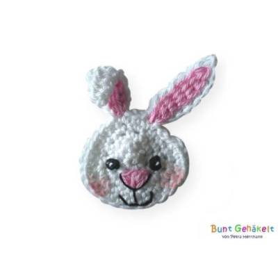 Häkelapplikation Hase Kopf / Größe: ca. 6x6 cm, Farbe: grau-rosa / Material: 100 % Baumwolle