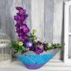 moderne Tischdeko mit Orchidee in blau lila silber Tönen, groß mit Spruch-Kugel Bild 2