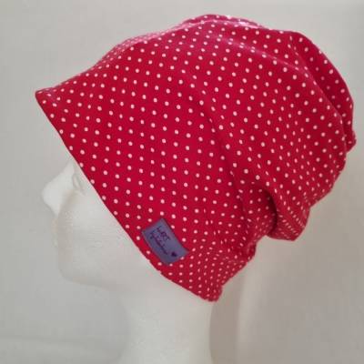 Beanie-Loop - gleichzeitig Mütze und Loop - für Damen, genäht aus Jersey in rot-weiß, von he-ART by helen hesse
