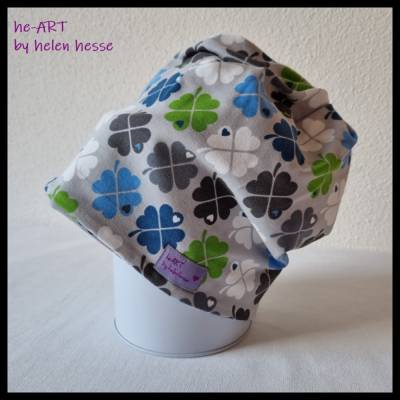 Beanie-Loop für Kleinkinder - gleichzeitig Mütze und Loop - KU 46, genäht aus Jersey in grau-bunt, von he-ART by helen hesse