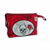 Bestickte Kulturtasche rot schwarz Stickerei Skull Totenkopf Rose - Schminktasche Windeltasche Krimskrams Kosmetiktasche - Maße ca. 26 x 21 x 6 cm Bild 1