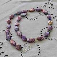 Perlenkette aus schwarz-lila Süßwasser-Zuchtperlen, Rhomben,  Sterling-Silber-Verschluß Bild 2