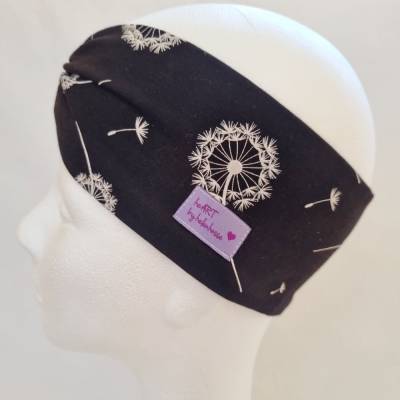 Stirnband mit Raffung "Pusteblumen" - Größe M / KU 56 - in schwarz-weiß aus Jerseystoff genäht, von he-ART by helen hesse
