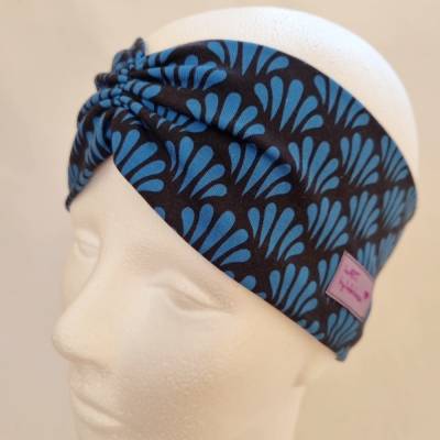 Stirnband mit Raffung "Blätter" - Größe M / KU 56 - in blau-schwarz aus Jerseystoff genäht, von he-ART by helen hesse