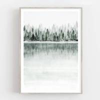 Aquarell Waldsee Kunstdruck, nebliger Wald und See, skandynavische Wandkunst Bild 1