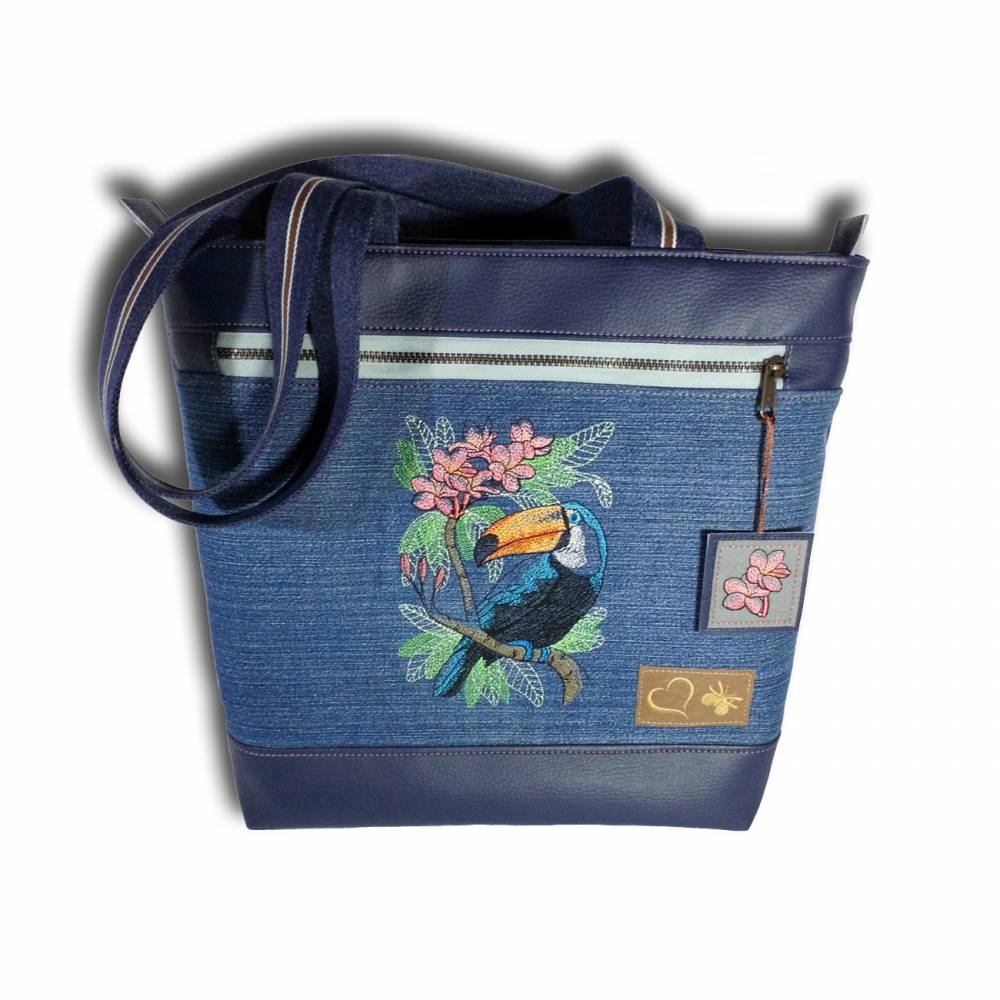 Bestickte Handtasche Businesstasche Uni-Tasche Jeanstasche Upcycling Shopper Umhängetasche Schultertasche Schuhtasche Bild 1