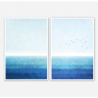Set von zwei blauen Ozean Kunstdrucken, blaue Wandkunst, meer Poster Bild 1