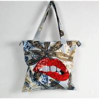 genähte Handtasche, Einkaufstasche, Shopper, aus Canvas mit roten Lippen Bild 1