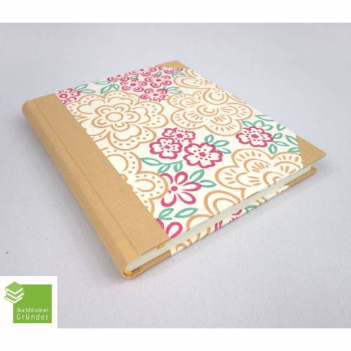 Notizbuch, beige Blumen pink, 18 x 15,7 cm, Papier glatt, 128 Blatt, handgefertigt, UNIKAT