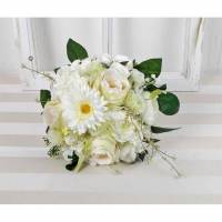 Brautstrauß künstlich, weiß grün, Rosen und Gerbera, Brautbouquet Bild 1