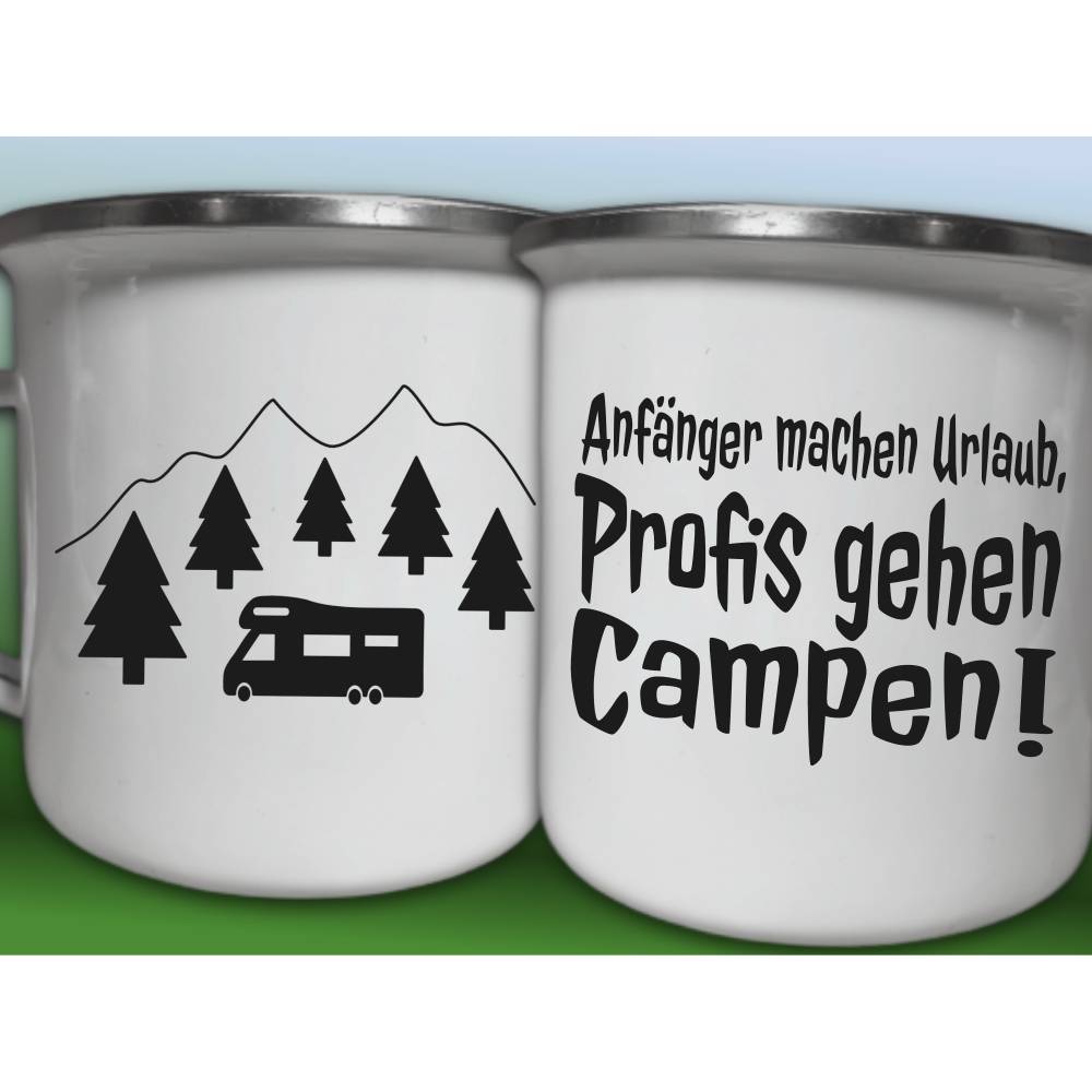 Emaille Camping Tasse, Outdoor Becher, Wohnmobil Ausstattung, Camper Geschenk, Urlaub Spruch, Emailletasse Bild 1