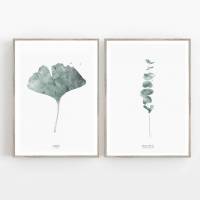 Set von zwei botanischen Kunstdrucken, Gingko Biloba Blatt und Eukalyptus Zweige, Wohnzimmer Wandkunst Bild 1