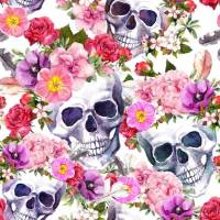 Baumwolljersey Totenkopf Rosen Blüten Skulls Totenköpfe Skulis rosa rot lila grau schwarz weiß Meterware Helloween EU Bild 1