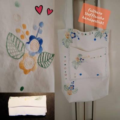 Faltbare Stofftasche antikweiß – handgestickte Unikattasche aus Vintage-Tischdecke