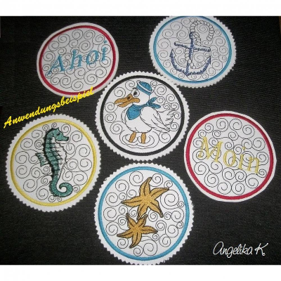 6 edle maritime Untersetzer, Ahoi, Anker, Möwe, Moin, Seepferd, Seestern  -  ø  ca. 99,8 mm