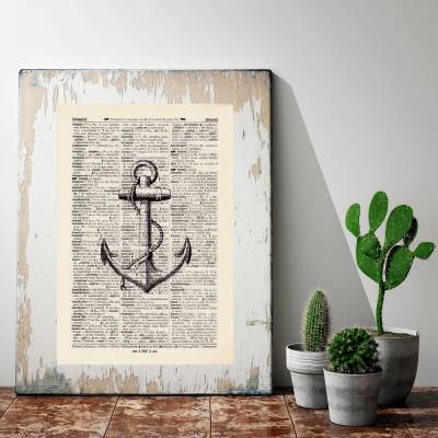 Anker - Druck auf antiquarischer Buchseite / bedruckte Buchseite