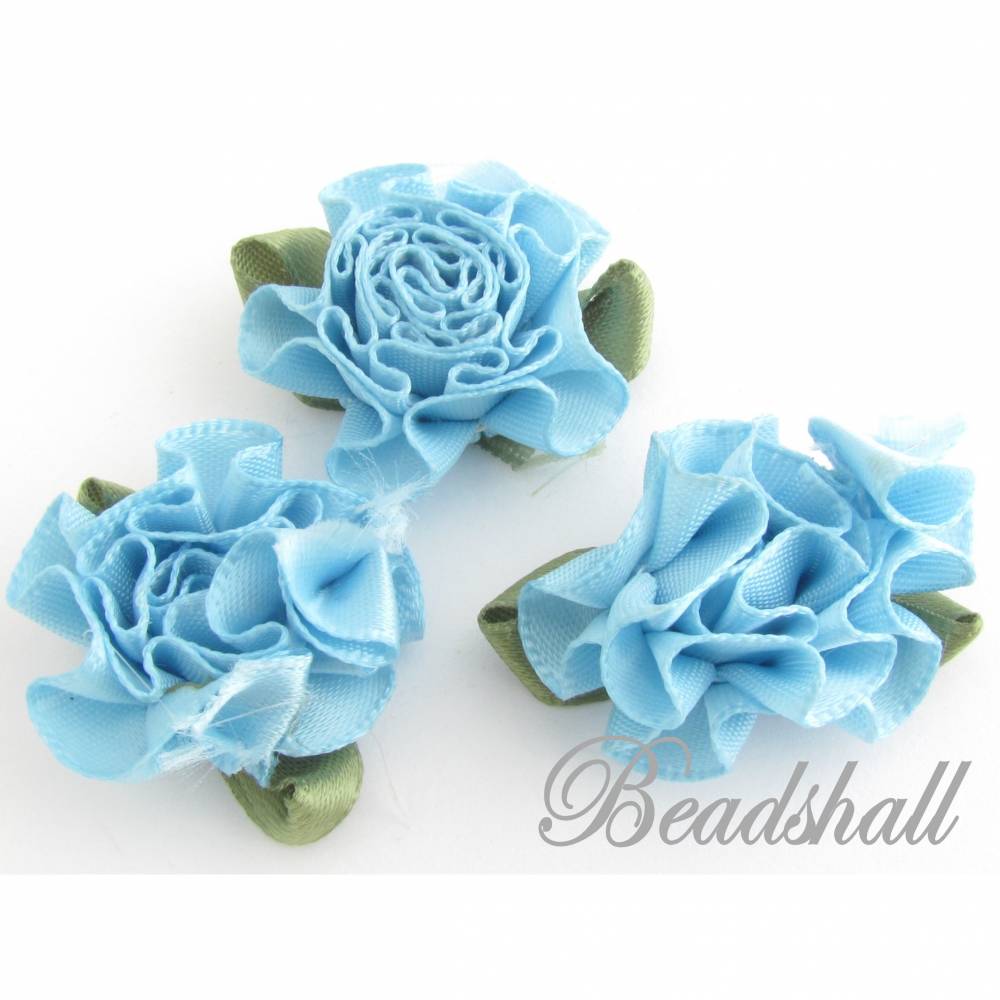 10 Blumen aus Stoff mit Blatt Farbe Hellblau Stoffblumen Applikationen Tischdeko Bild 1