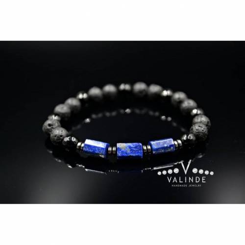 Edelsteinen Herren Armband aus Lapis Lazuli Achat Lava und Hämatit, Elastisches Armband, 8 mm