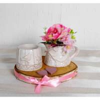 Tischdeko mit Kratzschutz, romantisch im Landhaus Stil mit Teelichthalter und rosa Blumen Bild 1