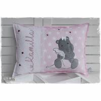Kissen 30cmx40cm rosa/weiß/grau mit Doodlestickerei Hippo mit Schmusetuch Bild 1